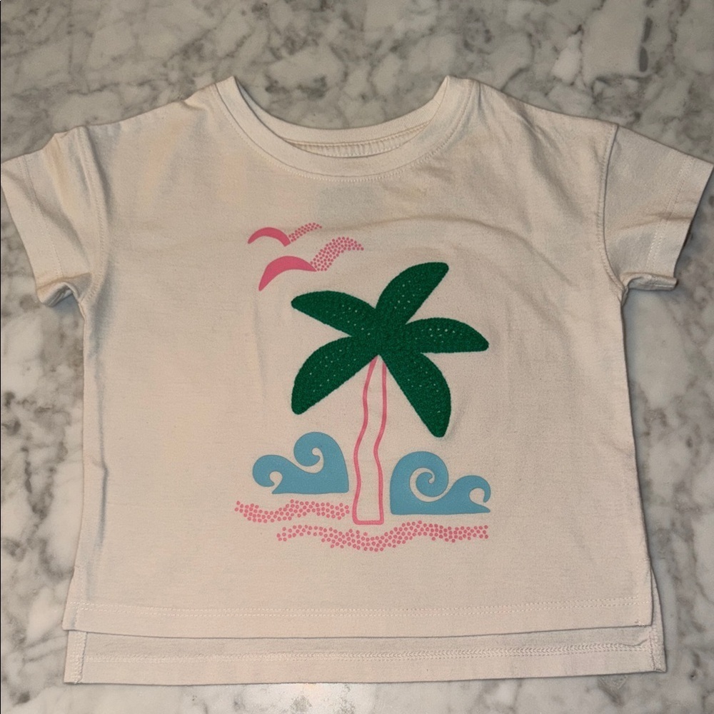 Cat & Jack White Tee with Green Palm and Pink Waves 3T